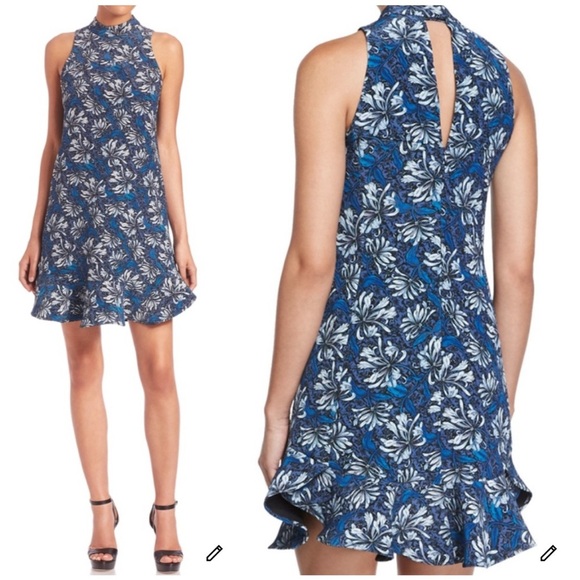 Rebecca Taylor Floral Mini Dress 4 Mystic Blue Mock Neck Sleeveless Ruffle Hem - Picture 1 of 12